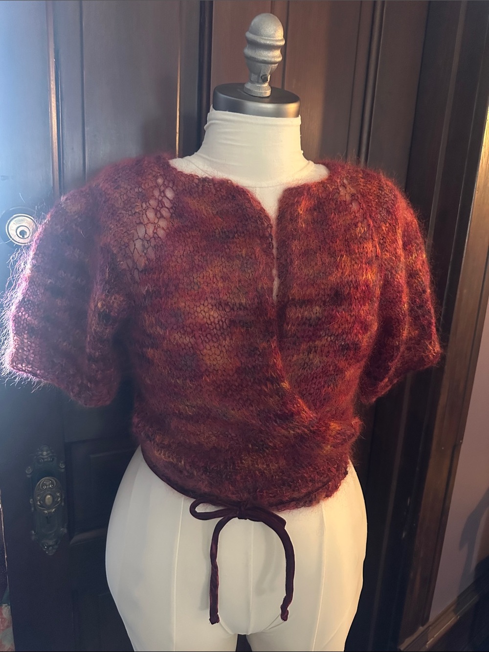 Marled Rust Short-Sleeve Wrap Sweater with Tie